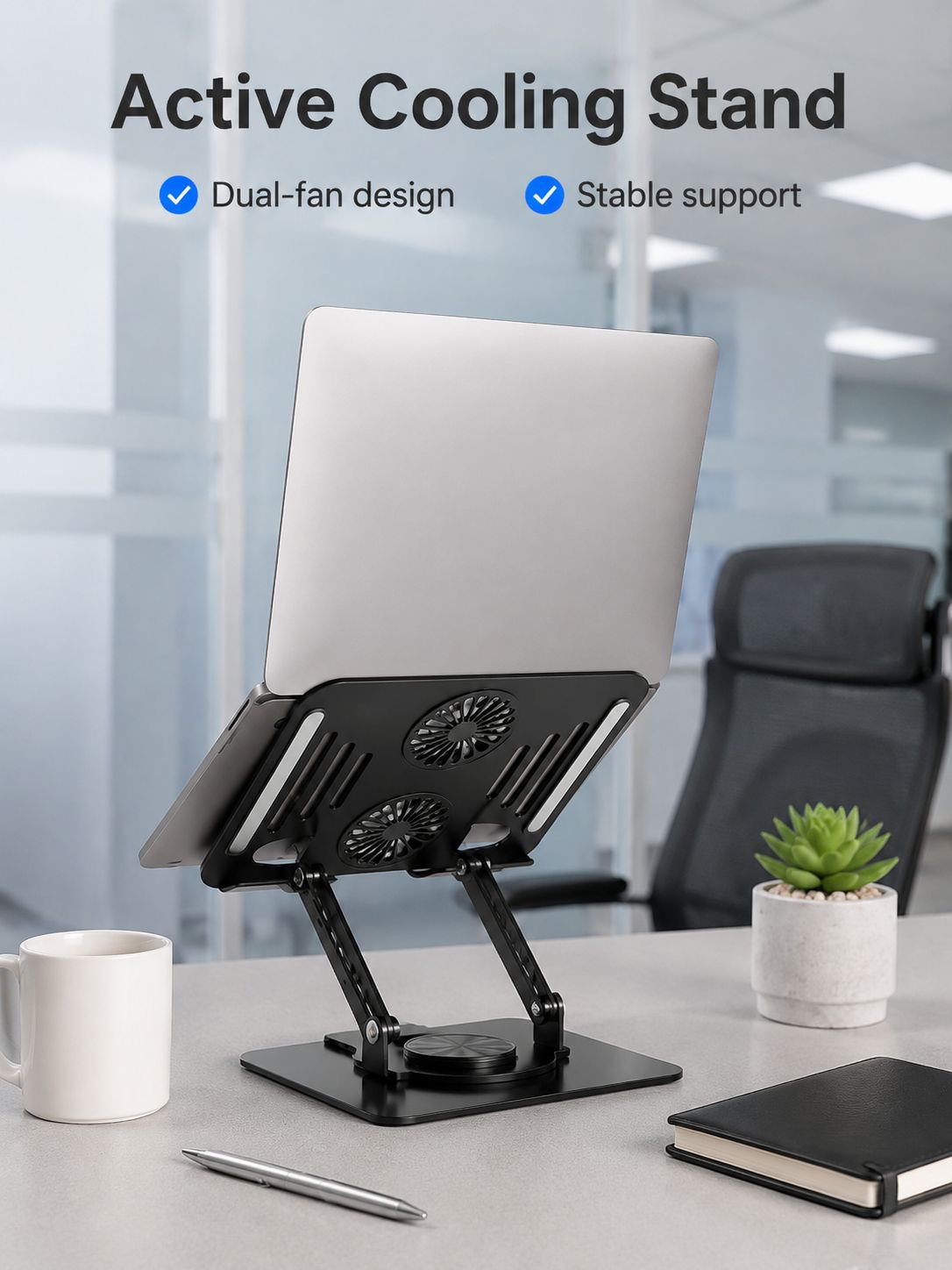 Dual-fan Hollow Cooling Laptop Stand, Portable Foldable Carbon Steel Height-Adjustable Support