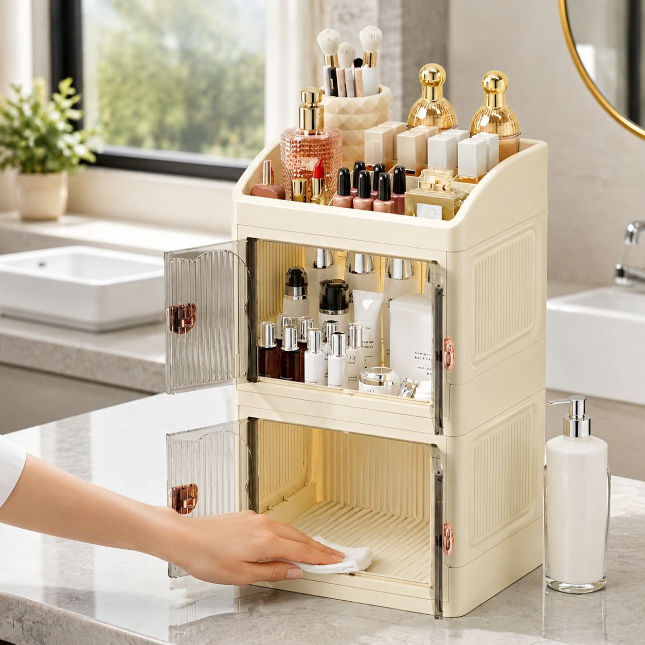 Home vanity setup with cosmetic organizer shelf