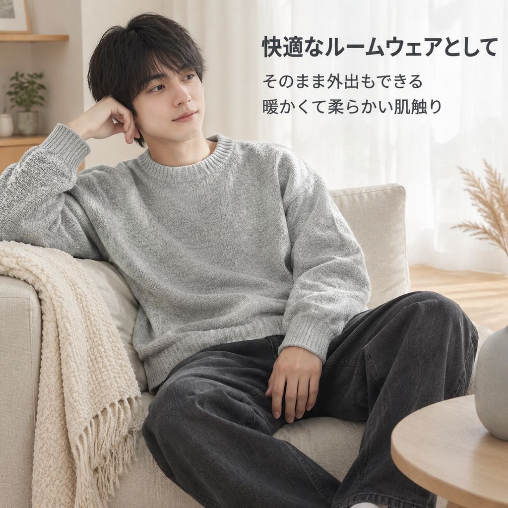 メンズ 無地 ドロップショルダー クルーネックニット