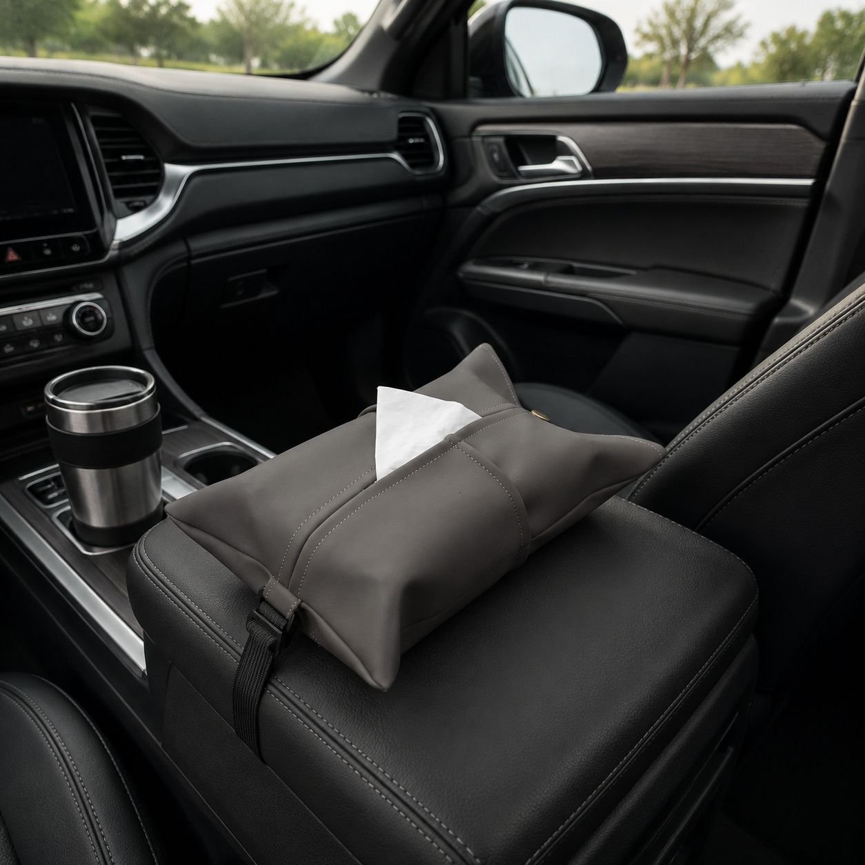 Multipurpose tissue holder in a modern car interior