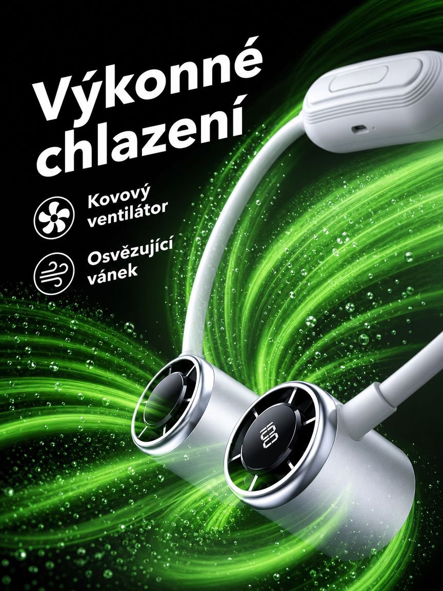 Mini větrák na krk, dlouhá výdrž baterie