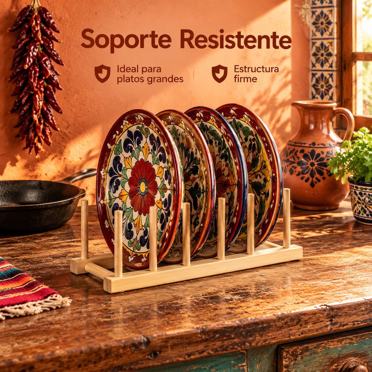 Escurridor y Organizador de Platos de Bambú para Cocina