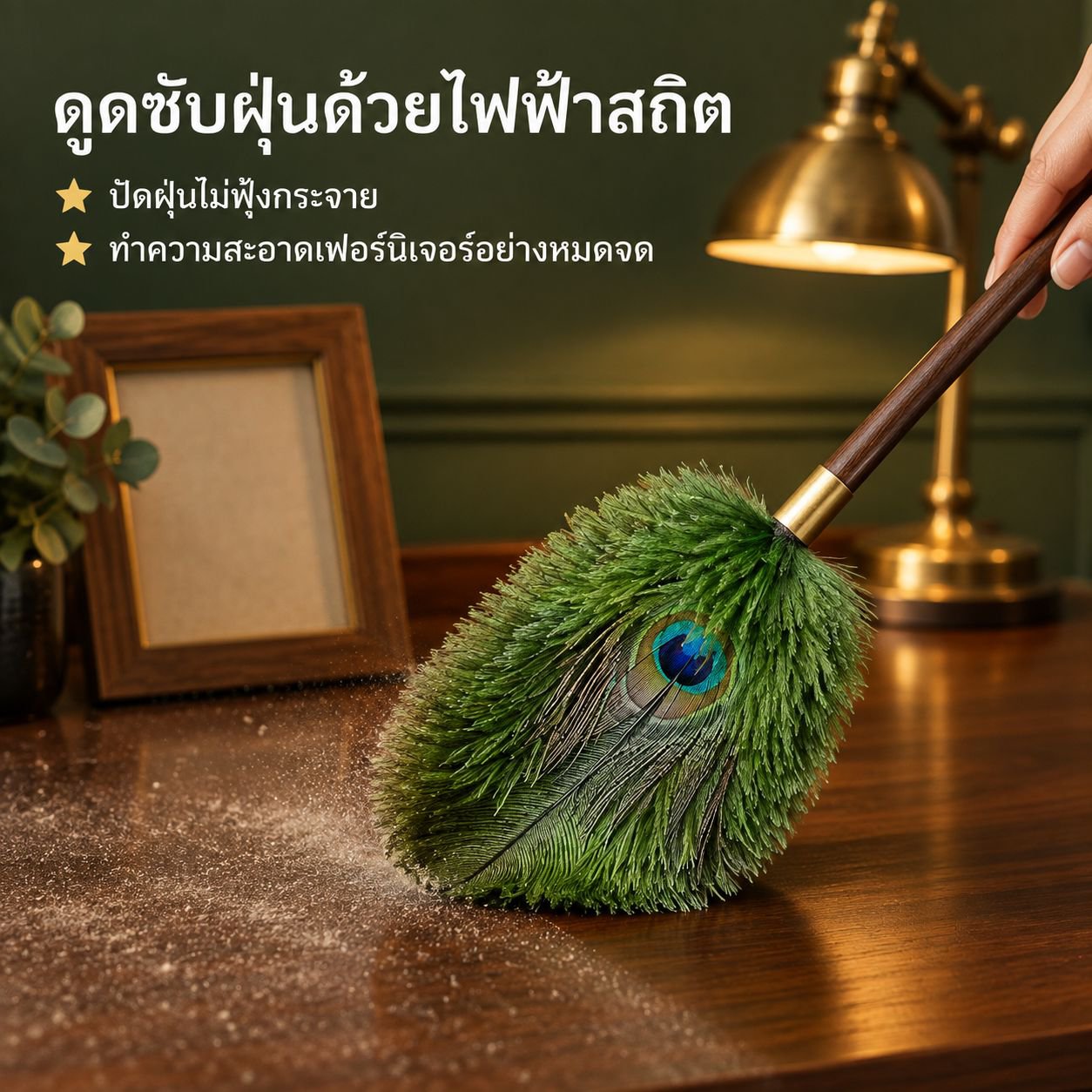 ไม้ปัดฝุ่นขนหางนกยูงสไตล์วินเทจ (มีคุณสมบัติป้องกันไฟฟ้าสถิต)