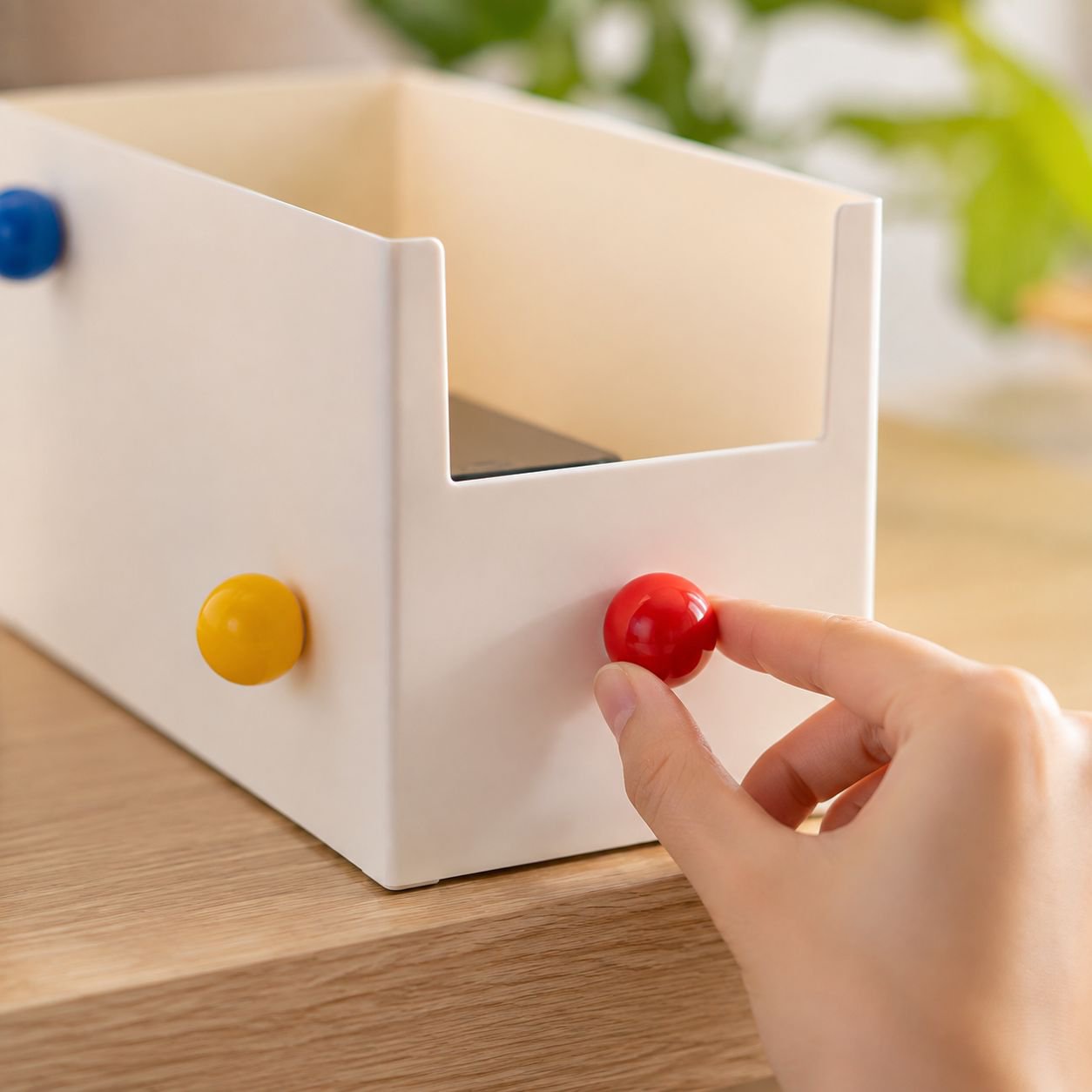 Office workspace featuring dopamine color storage box