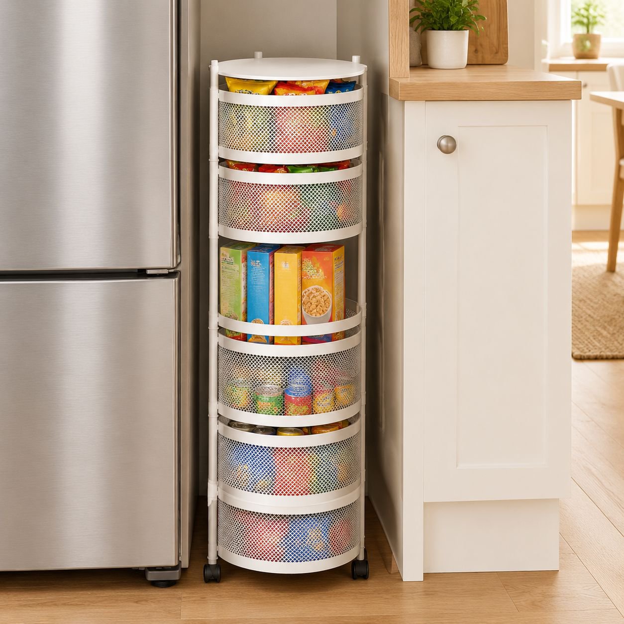 Portable storage rack holding books and decor items