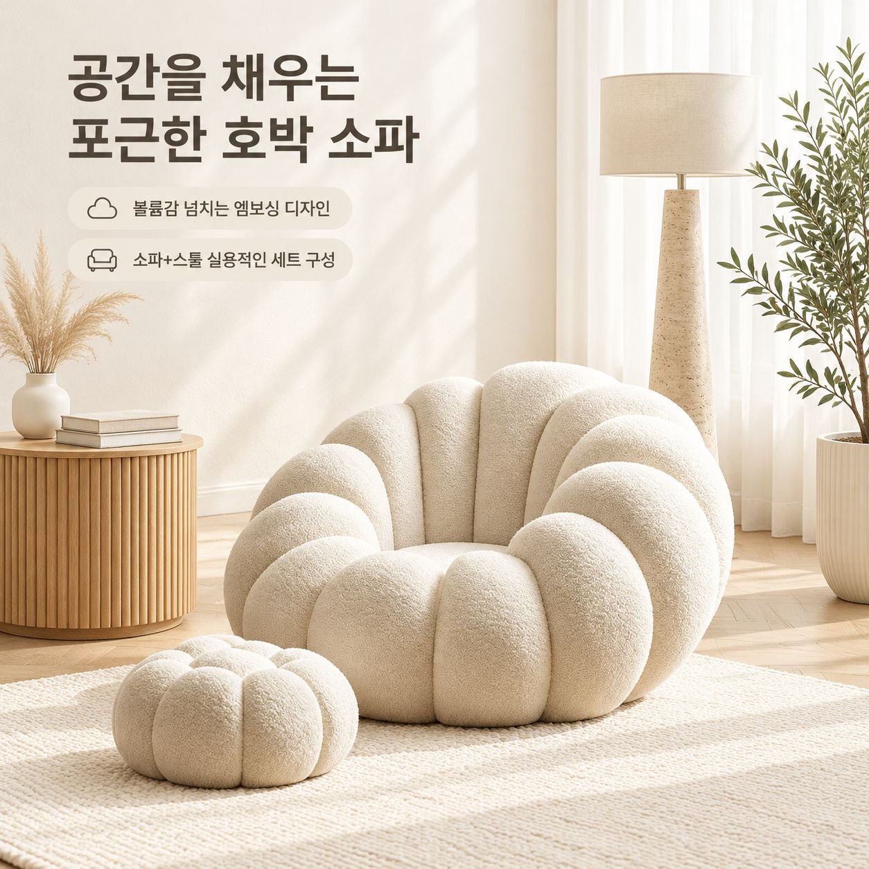크림 호박 1인용 패브릭 소파 거실 침실 라운지 안락의자 좌식 다다미