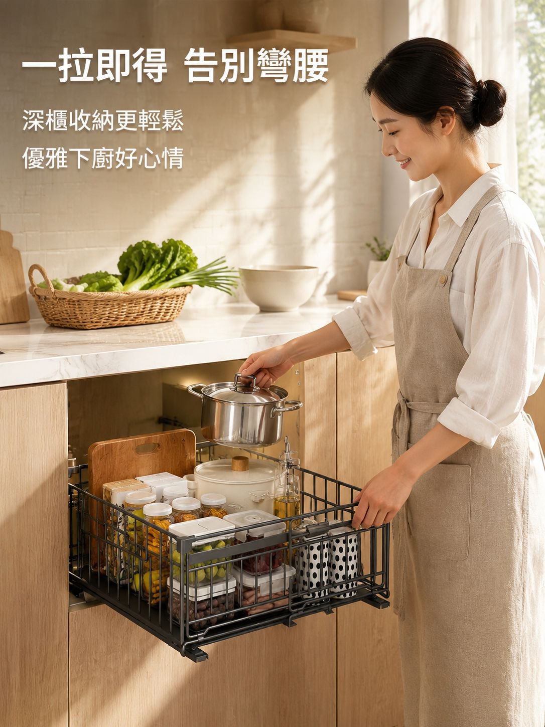 伸縮拉籃廚房深櫃抽拉置物架
