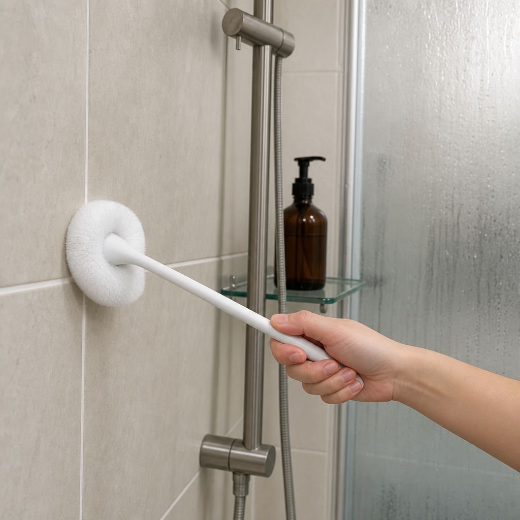 Cloud-shaped cleaning brush scrubbing bathroom tiles