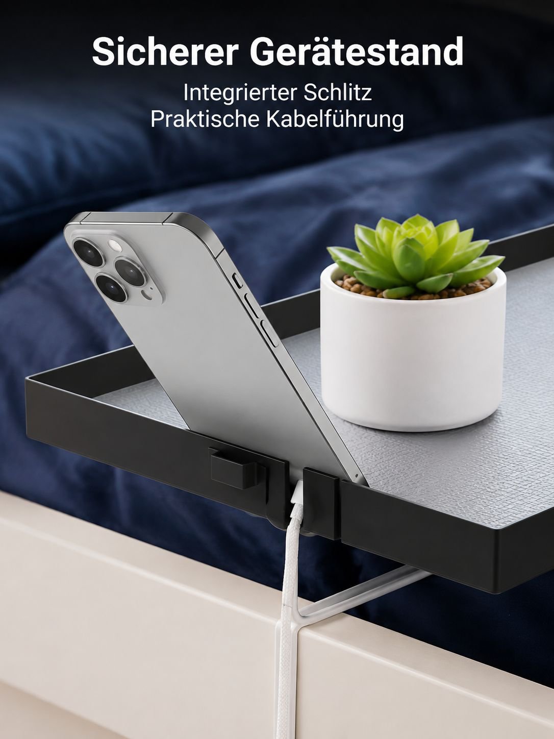 Handy, Brille und Buch im Bett-Side Organizer