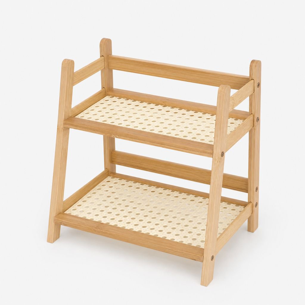 Cream-colored multifunctional bedside shelf, rattan style, suitable for home kitchen