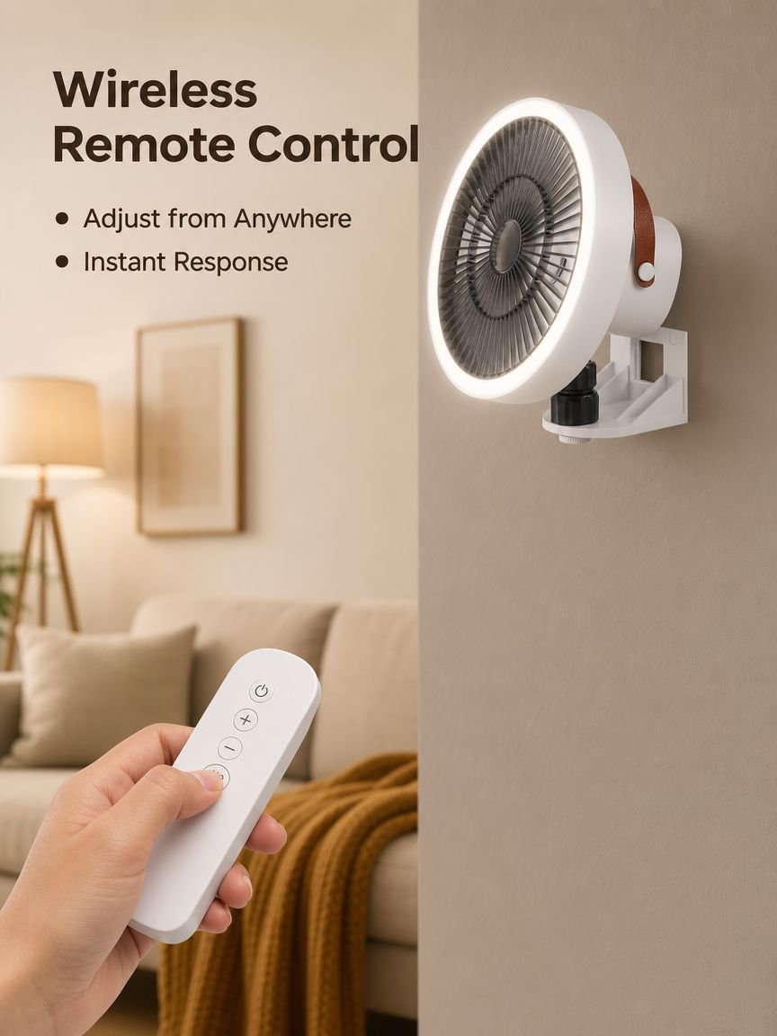Wall Mounted Fan No-Drill with LED Light 3-in-1 Remote Wireless Auto Oscillation