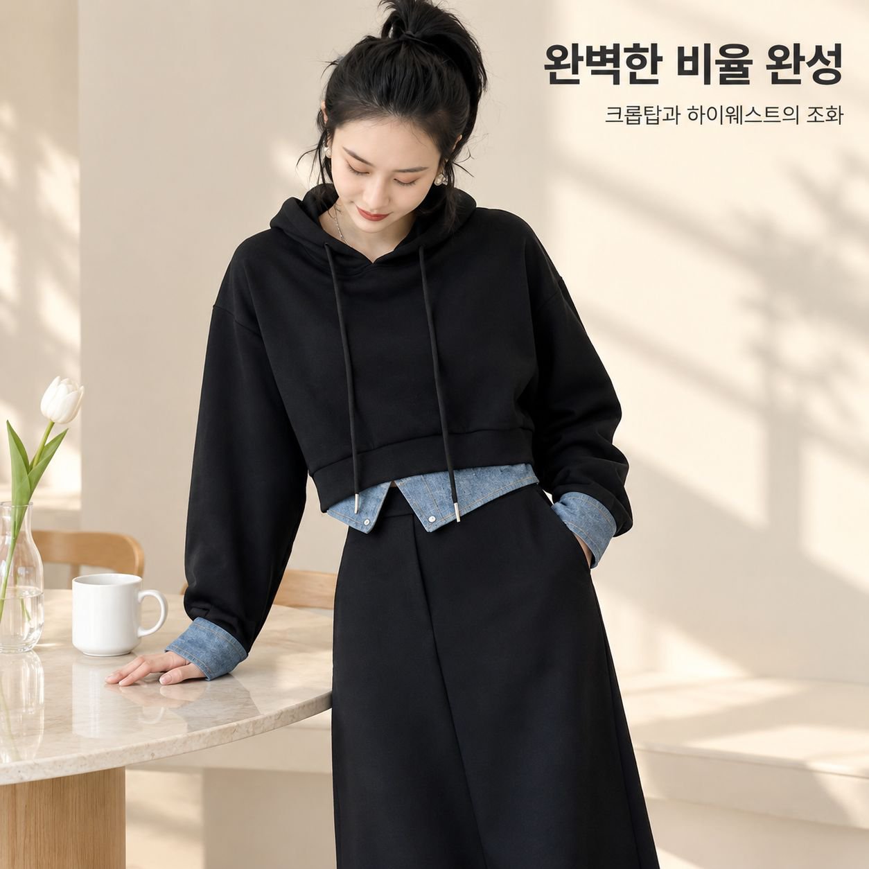 빅사이즈 여성 가을 후드 세트패션 트렌디한 날씬해 보이는 미디스커트 투피스