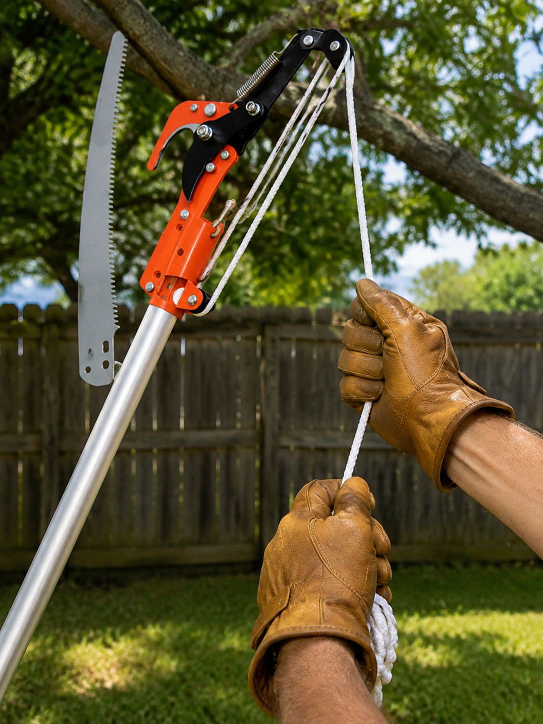 Gardener using 2-in-1 tree pruner on tall branches