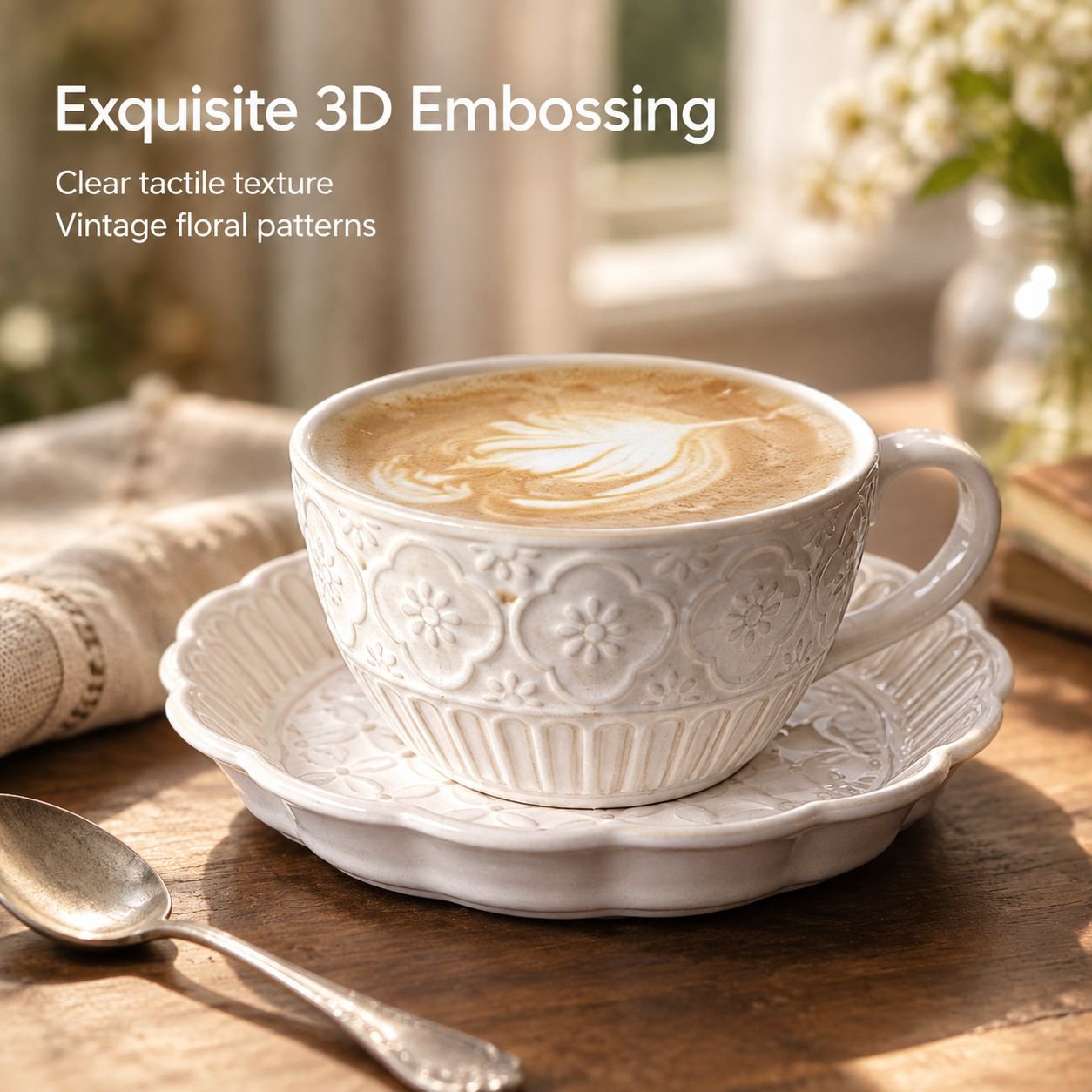 French-style embossed coffee cup and saucer set