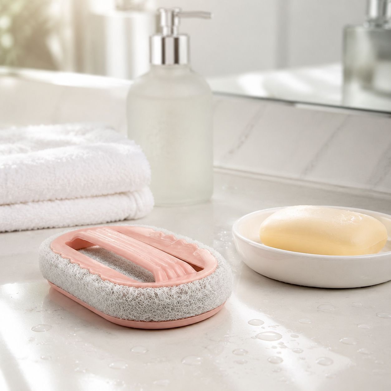 Heavy duty scouring pad brush in use on tile