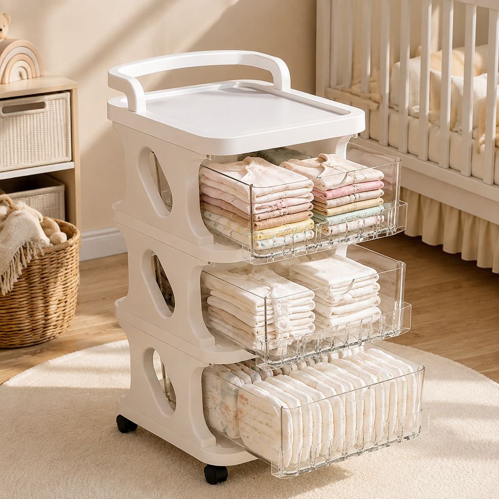 Easy-access baby storage cabinet with open shelves