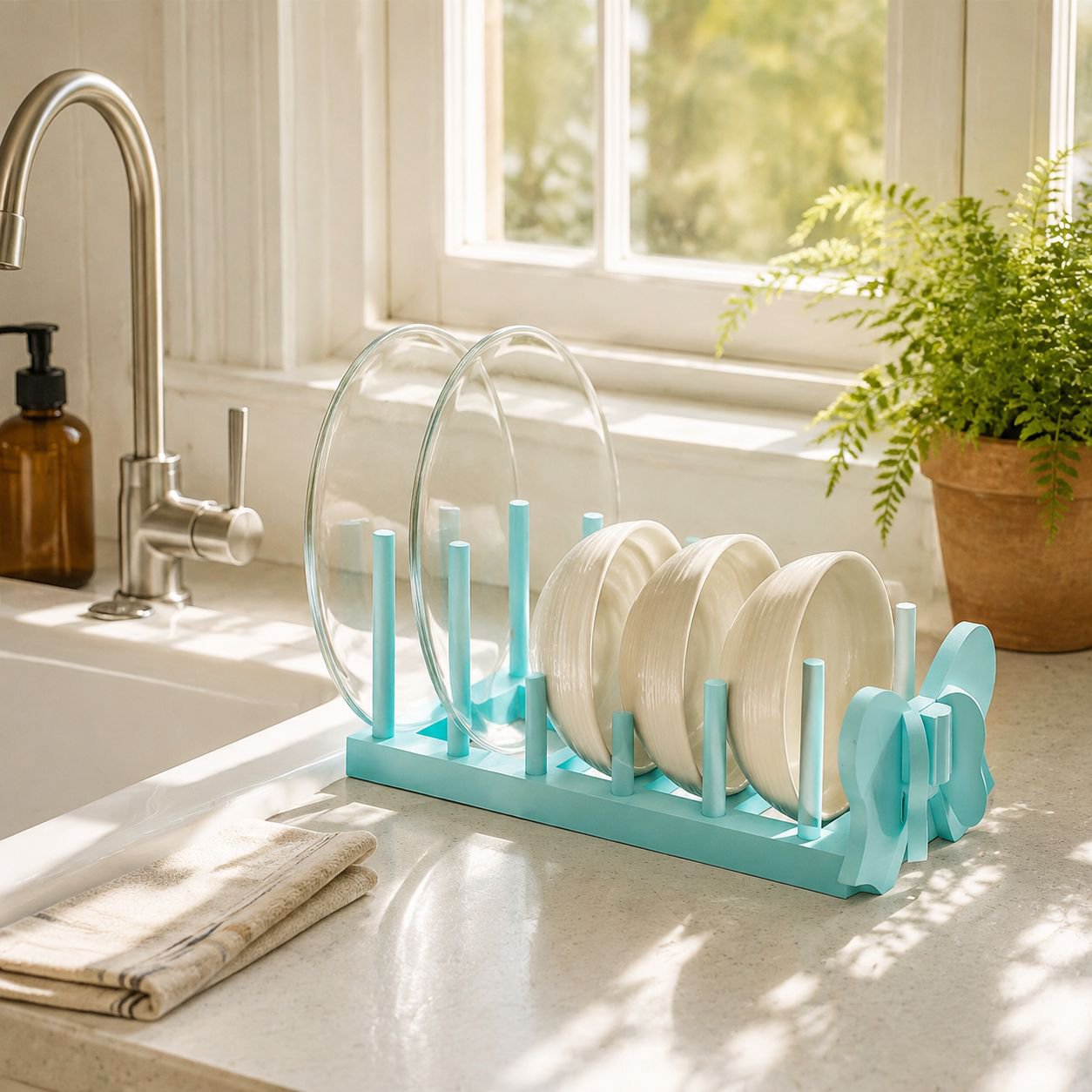Compact kitchen organizer shelf for plates and bowls