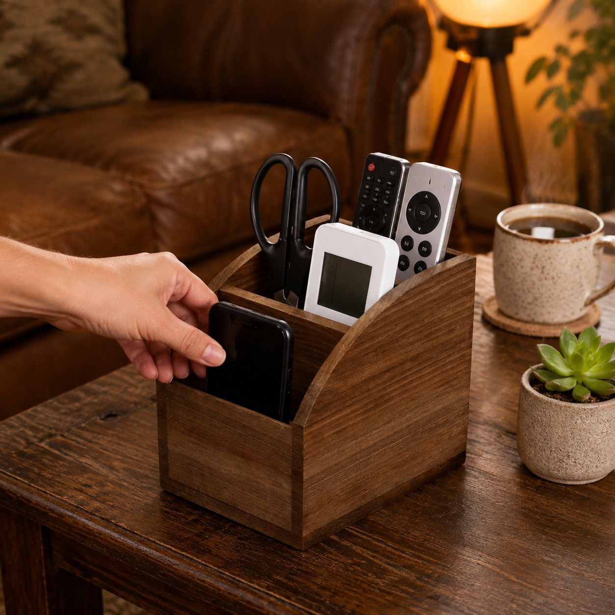 Organizador de mandos de madera multifuncional, estilo moderno