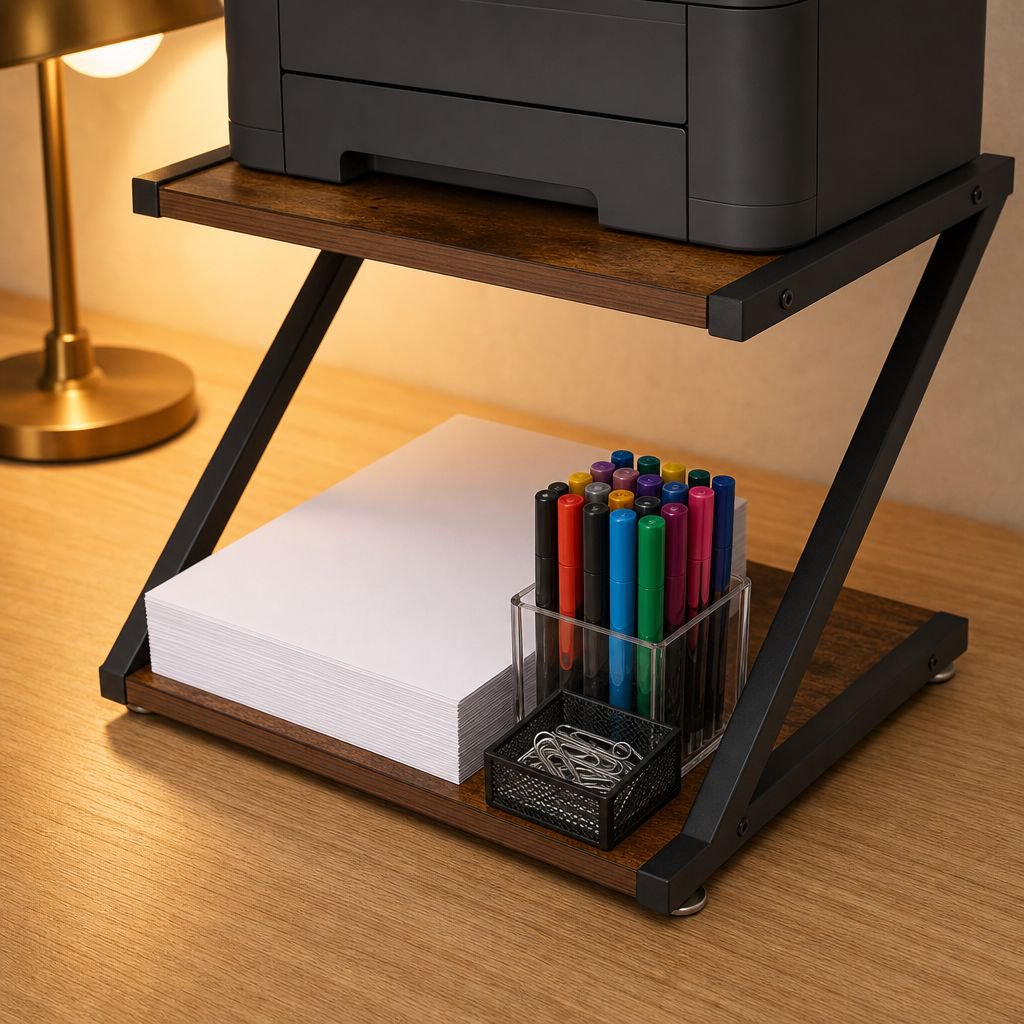 Wooden desktop organizer with printer and books