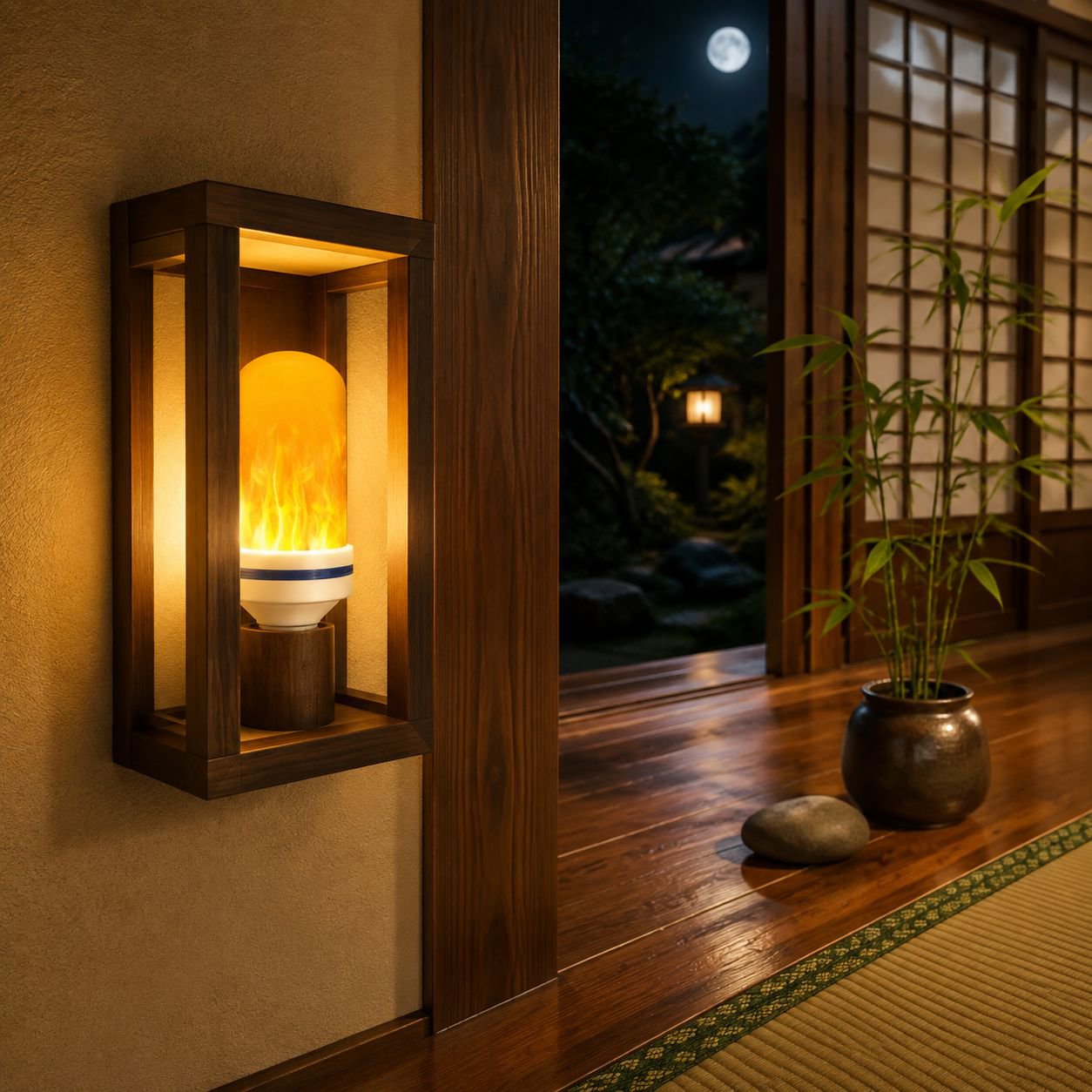 夜間の中庭を幻想的に彩る照明