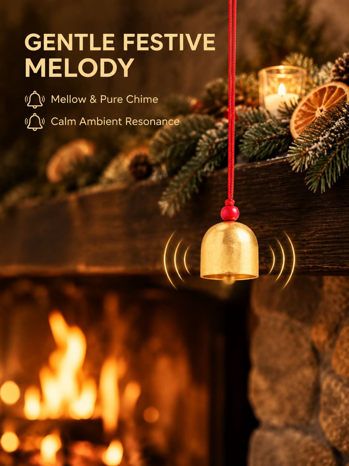 Red cord attached to a decorative brass Christmas bell