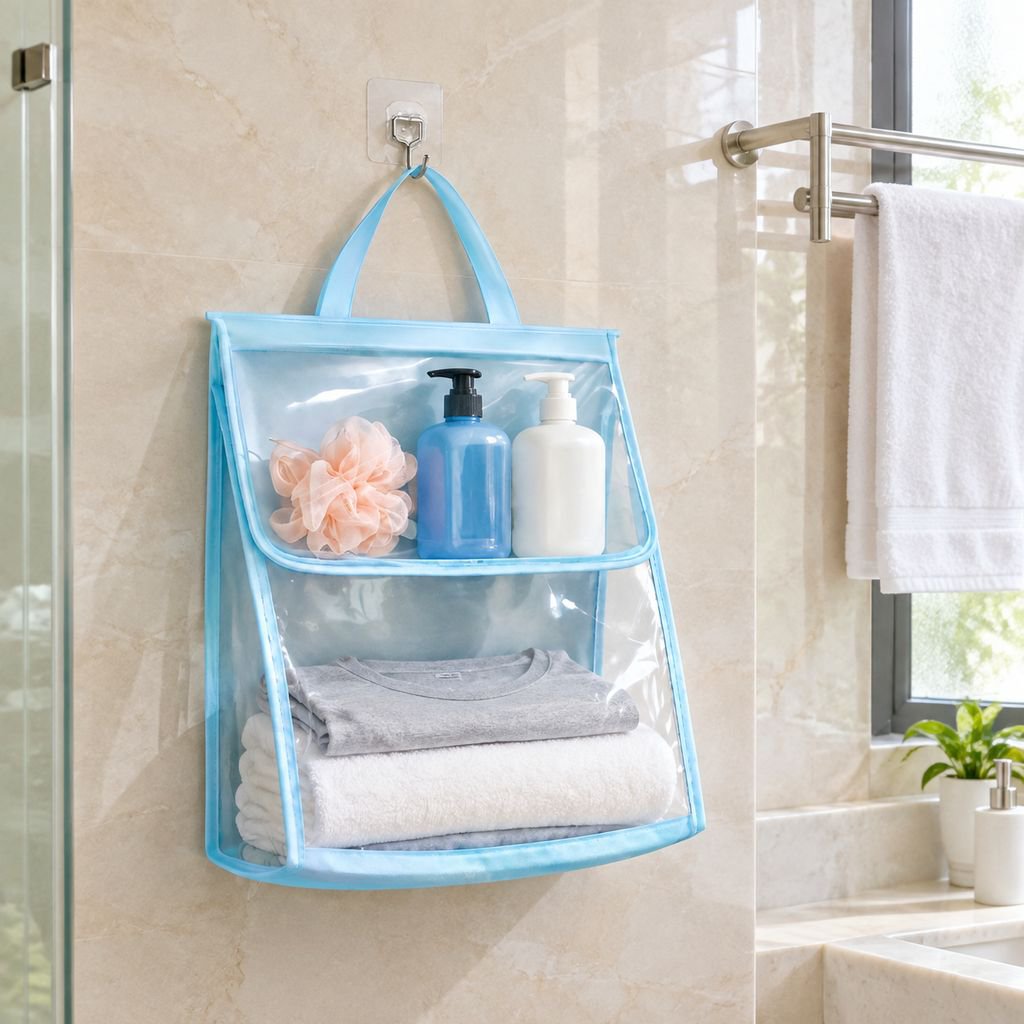 Transparent waterproof bathroom storage hanging bag, toilet shower and clothing storage bag, layered