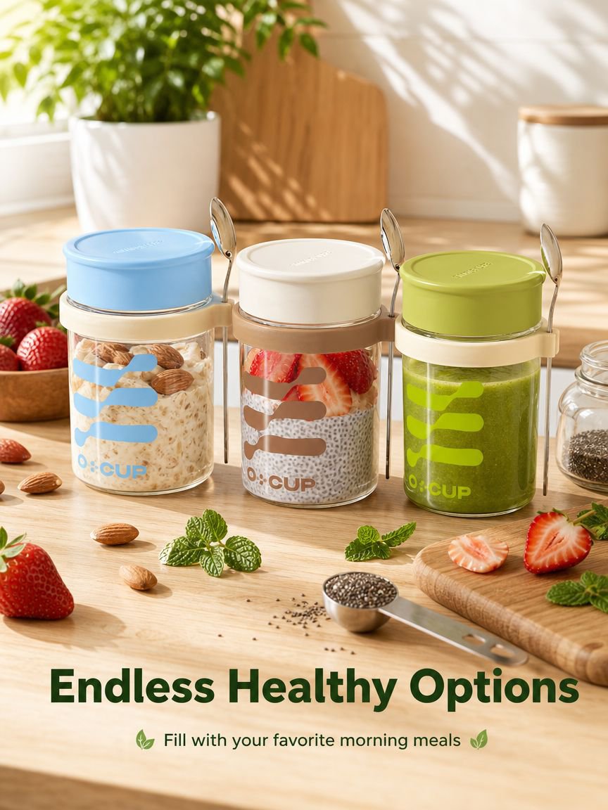 Breakfast cup, oatmeal cup, airtight glass jar with lid and spoon, portable milkshake, yogurt, grano