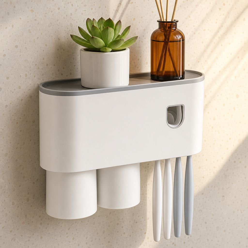 Easy-to-use toothpaste squeezer with toothbrush holder