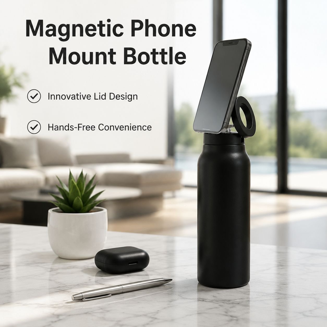 Multifunctional Magnetic Phone Stand Insulated Large Water Bottle