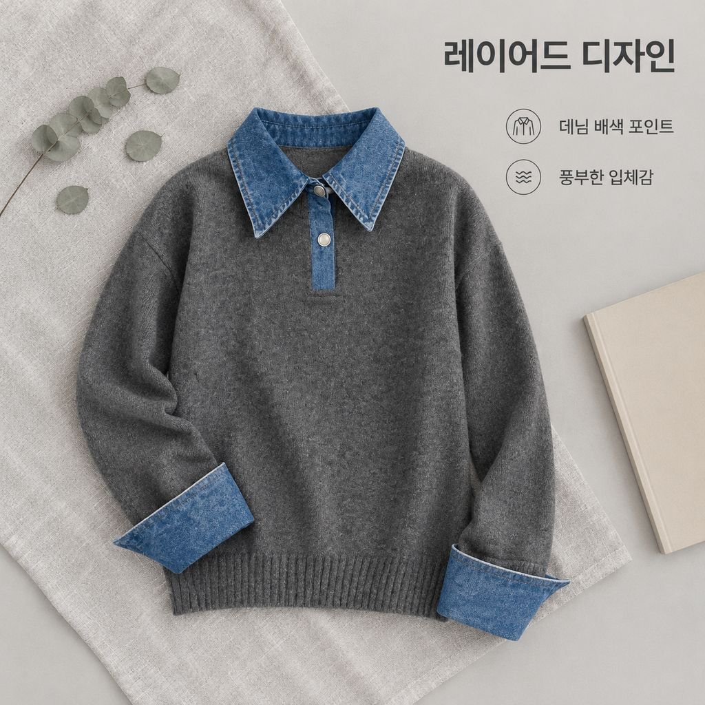 가을겨울 여성 POLO 카라 데님 배색 레이어드 니트 상의