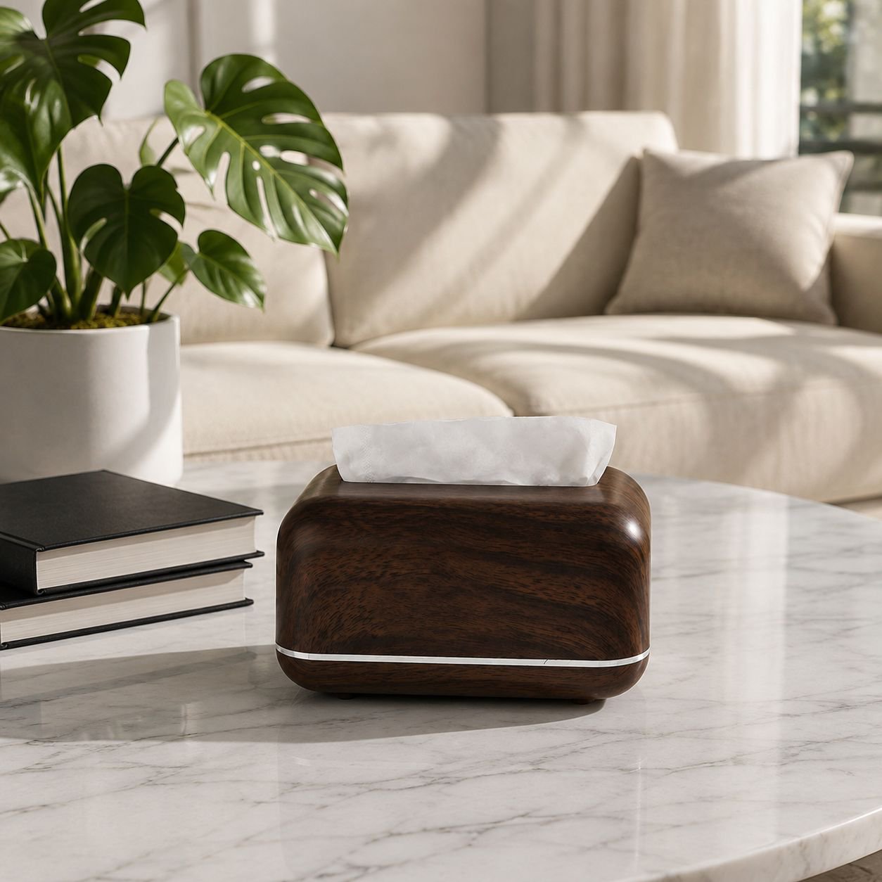 Luxury walnut-look tissue box on modern living room table