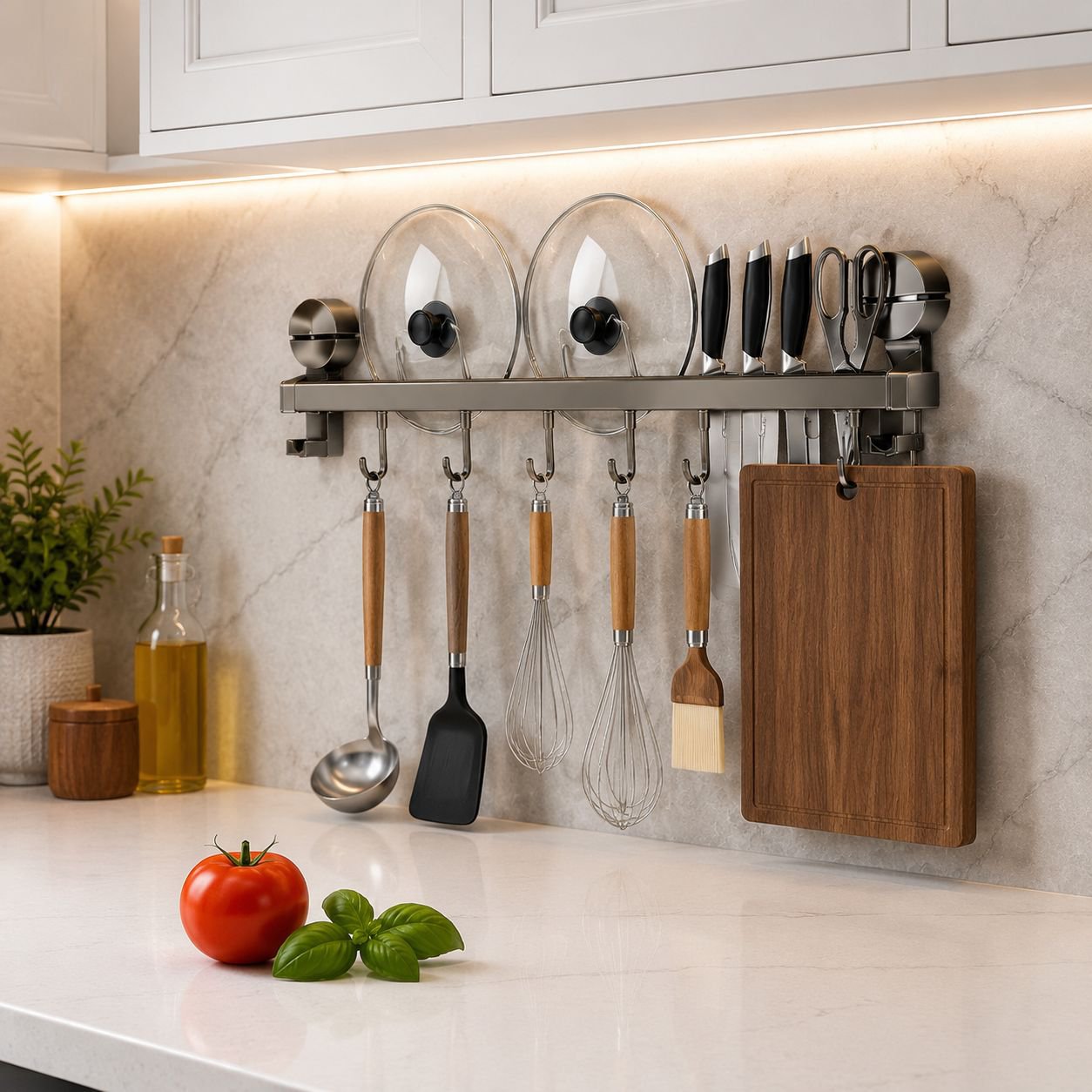 Kitchen Storage Organizer with Gunmetal Gray Hanging Bar
