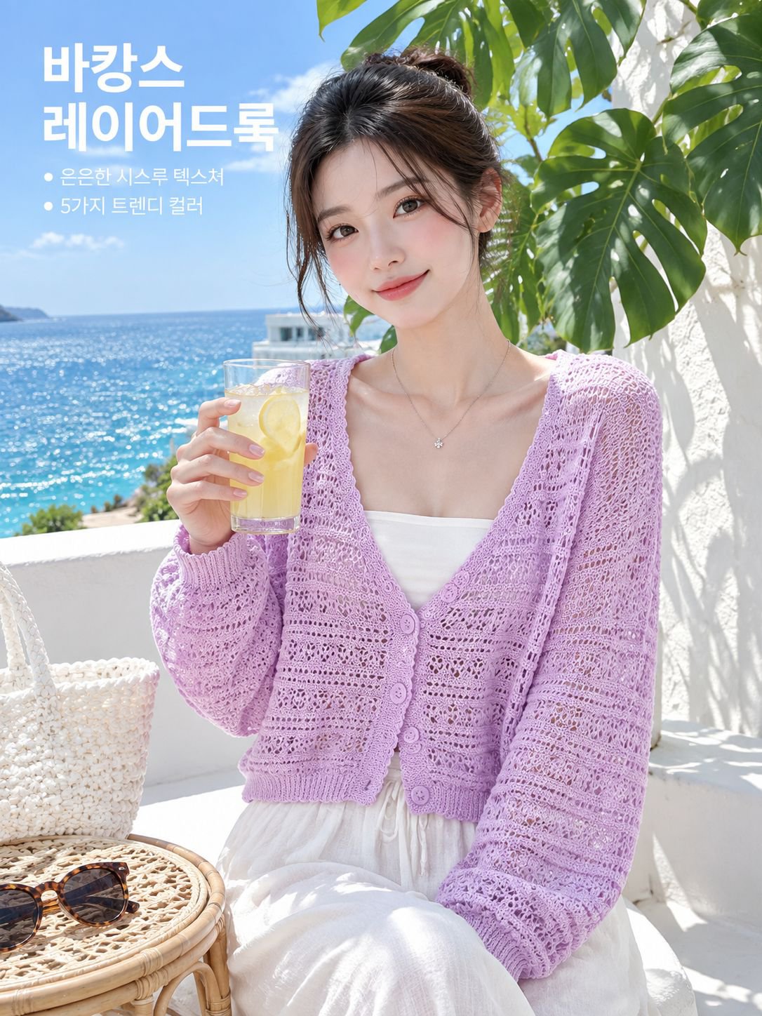 아이스 실크 얇은 펀칭 자외선 차단 니트 가디건 