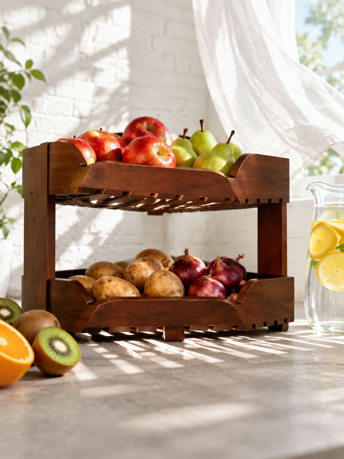 Étagère de rangement d'angle à deux niveaux pour fruits et légumes de cuisine