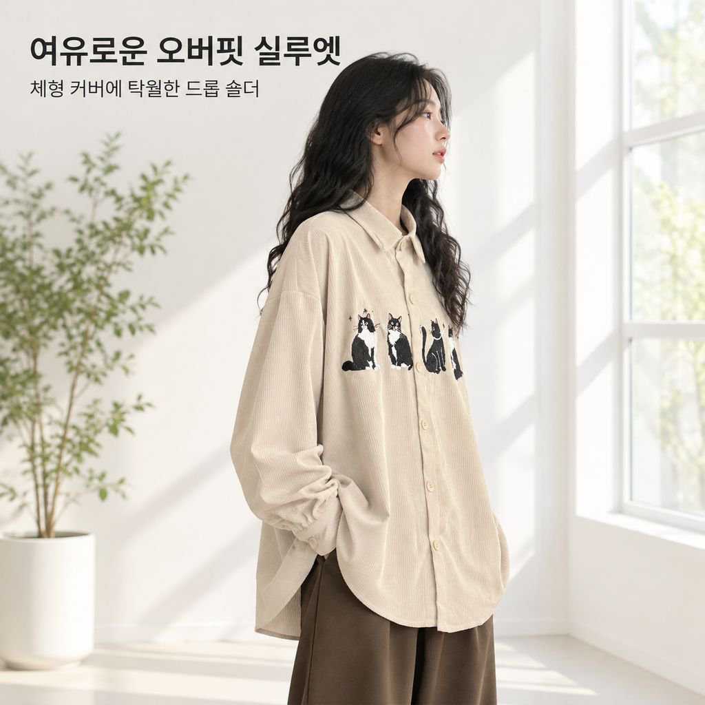 가을겨울 미국 빈티지 루즈핏 재미있는 고양이 자수 코듀로이 긴팔 셔츠