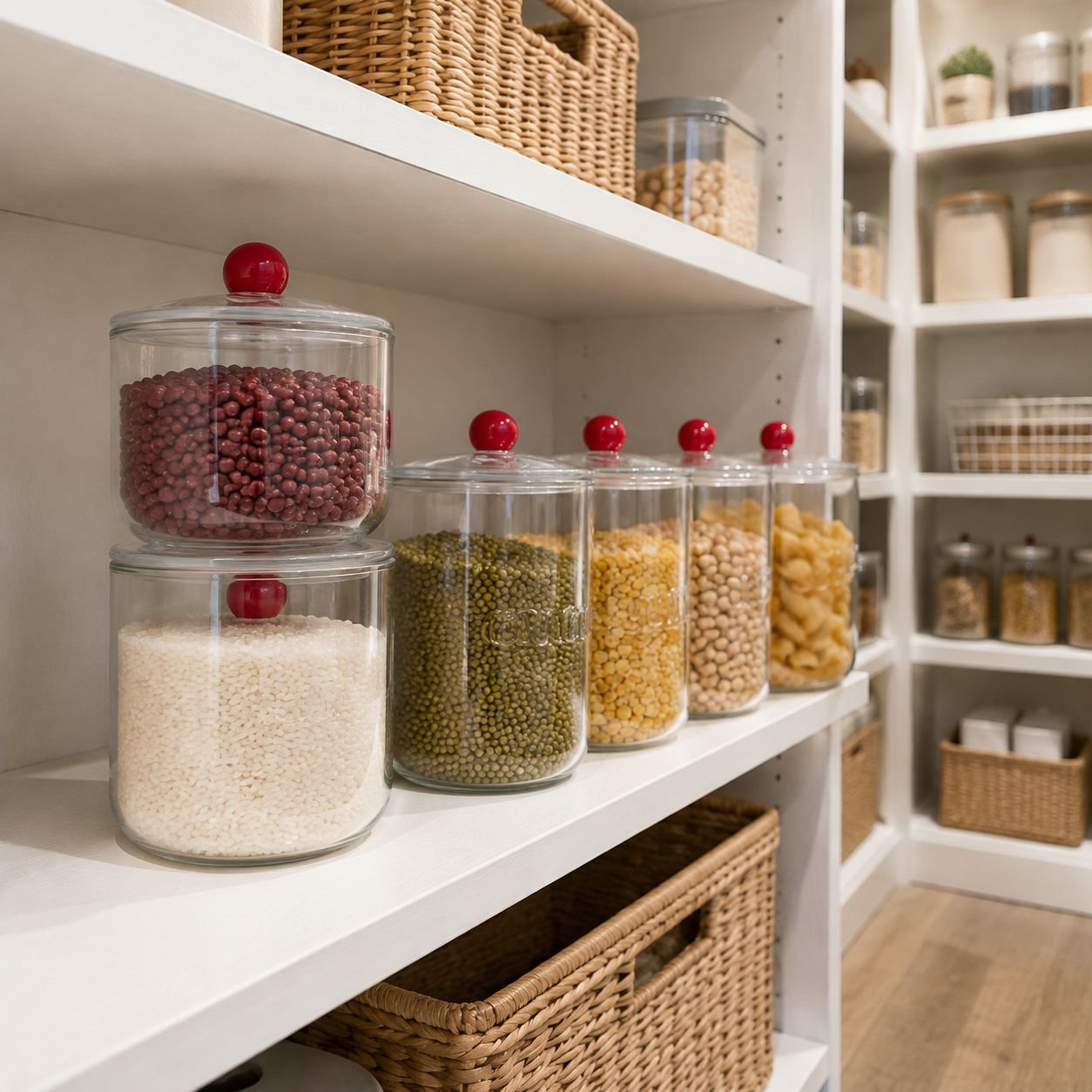 Kitchen pantry organized with airtight jars