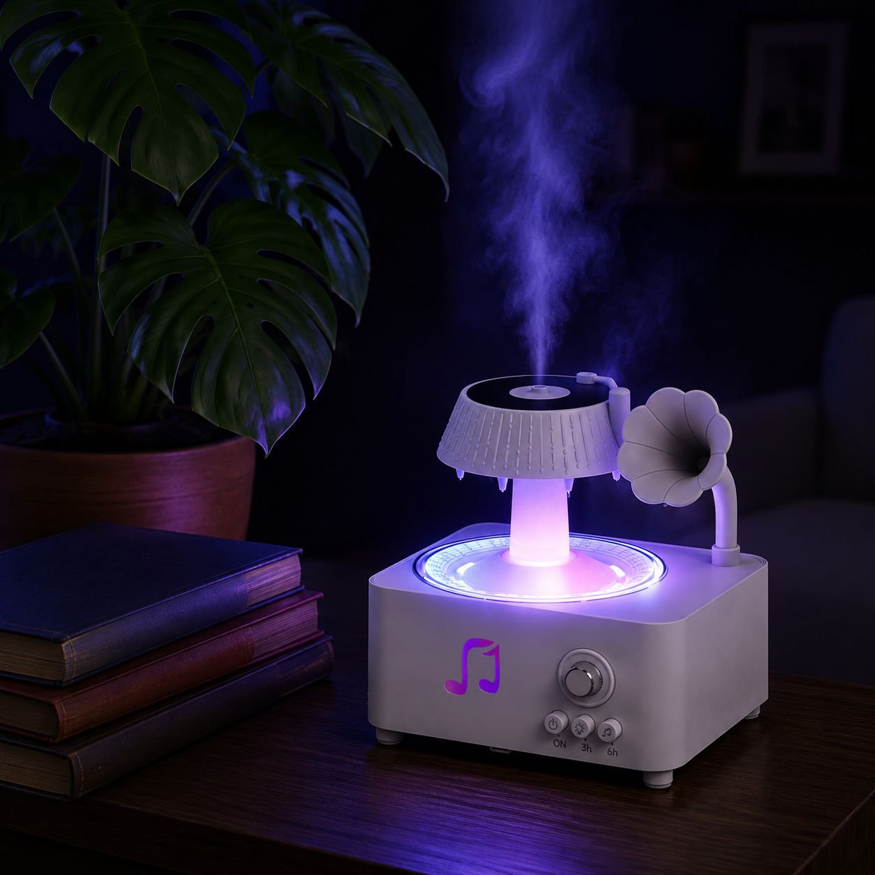 Difusor de aceites esenciales con luz de siete colores, control remoto y diseño de gramófono retro