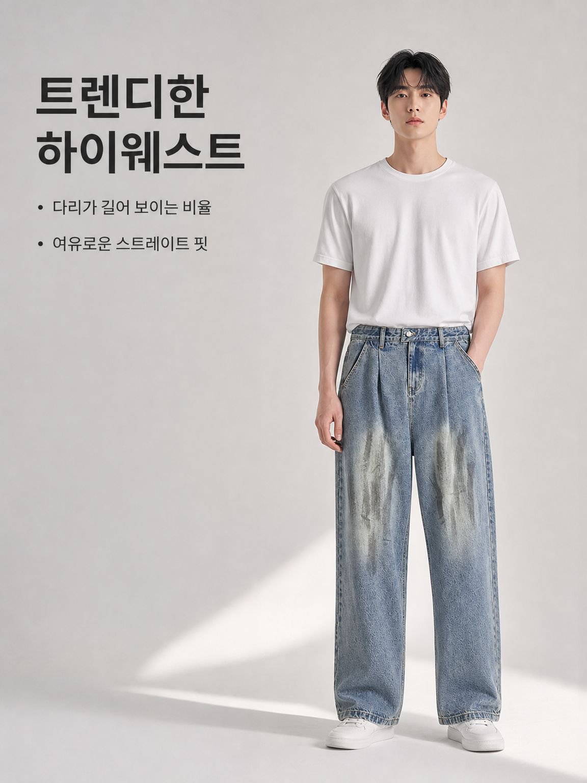 남성용 워싱 하이웨스트 청바지 봄여름 신상 스트릿 패션 스트레이트 팬츠