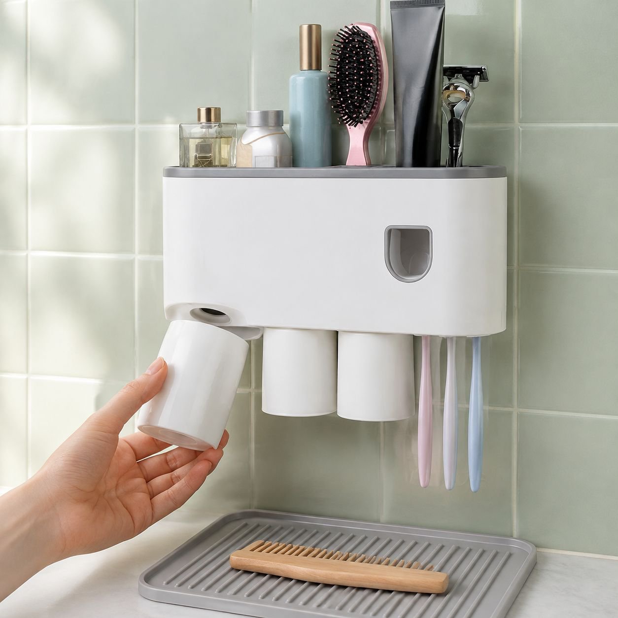 Toothpaste dispenser and cup holder bathroom organizer