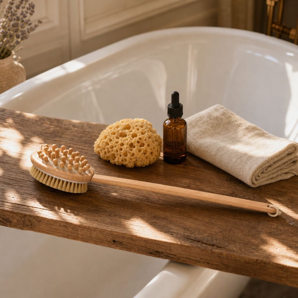 Brosse de bain double face en poils de porc avec long manche