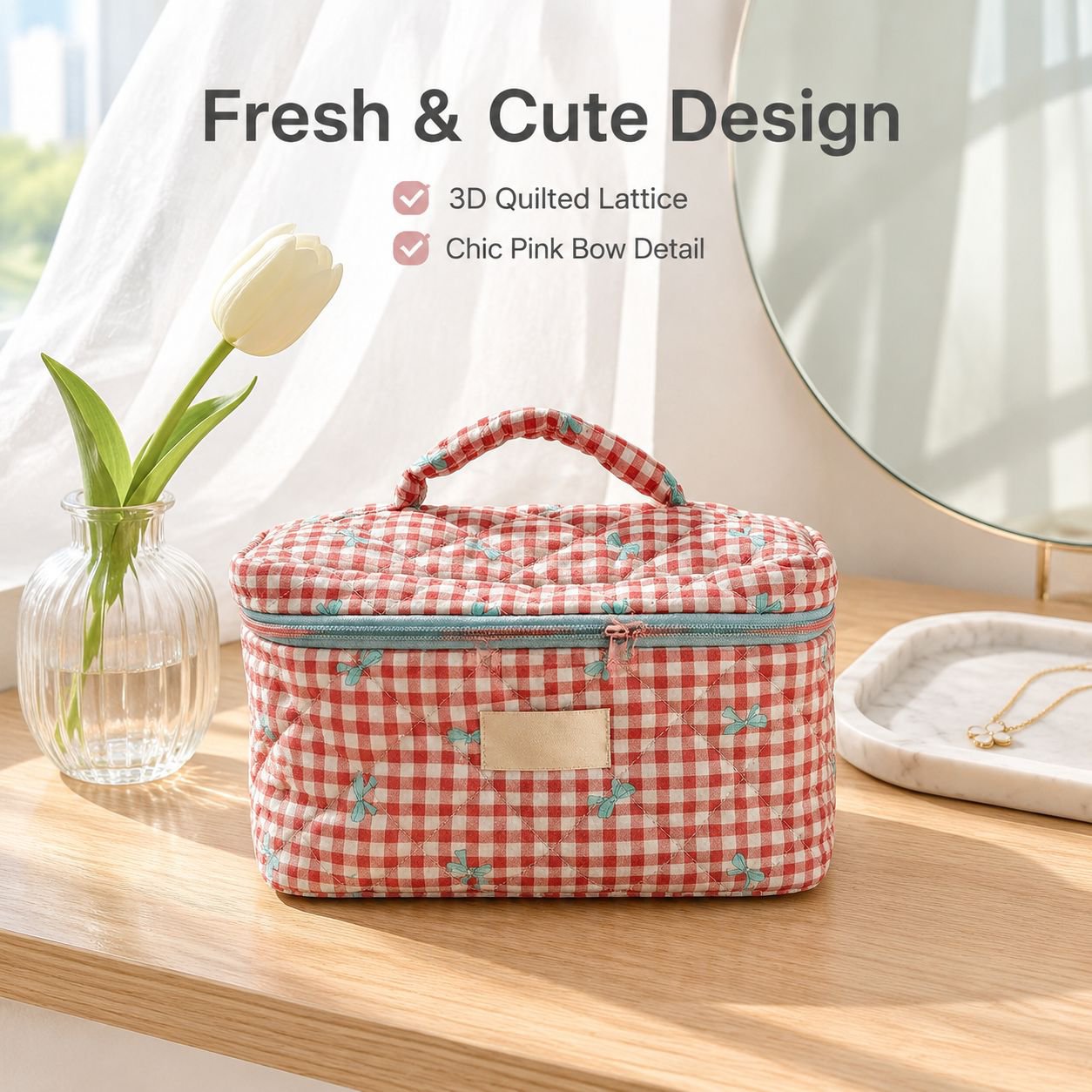 Large Capacity Plaid Makeup Bag for Students Portable Travel Toiletry Organizer