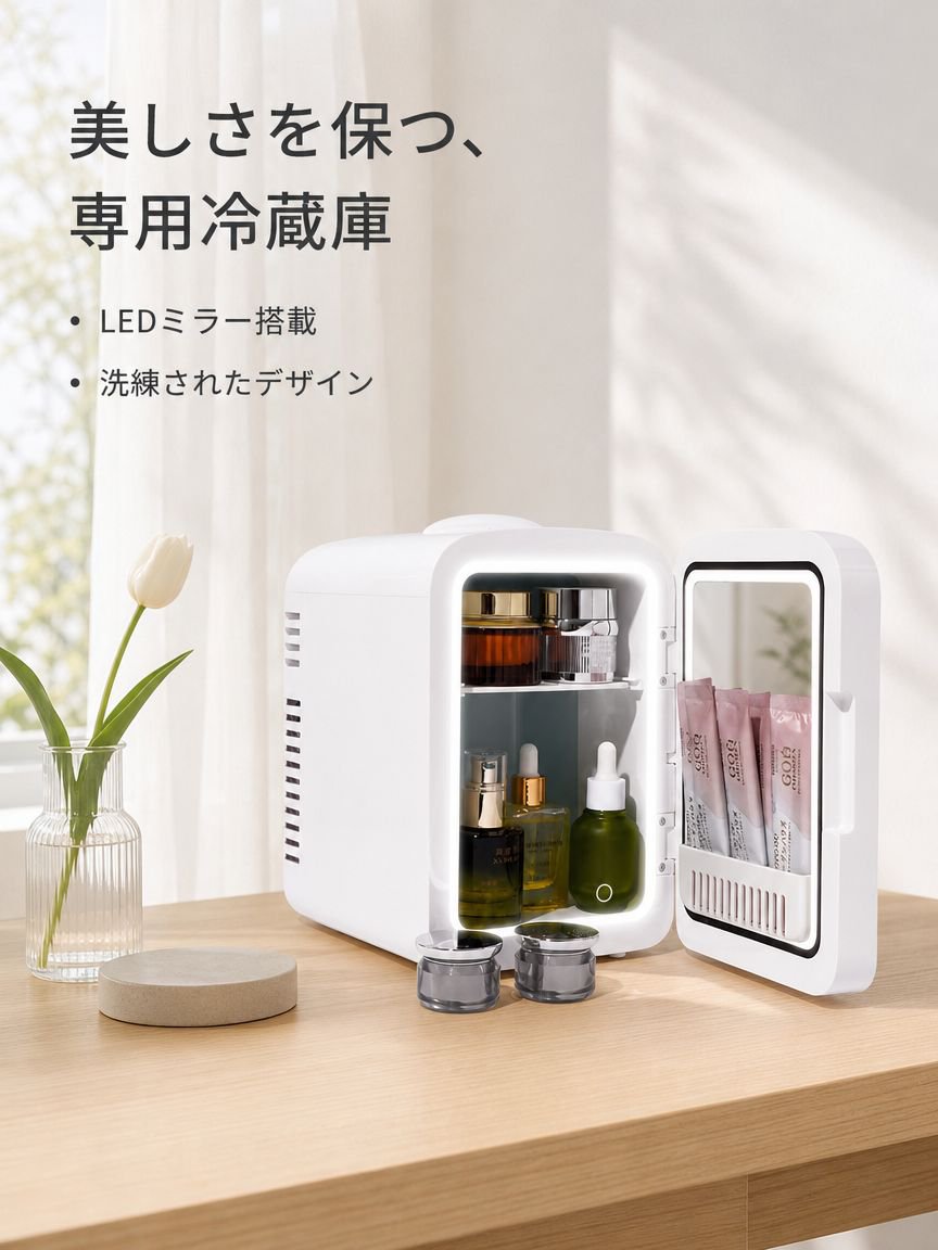 化粧鏡付きの小型冷蔵庫。車内でも家庭でも使用可能。