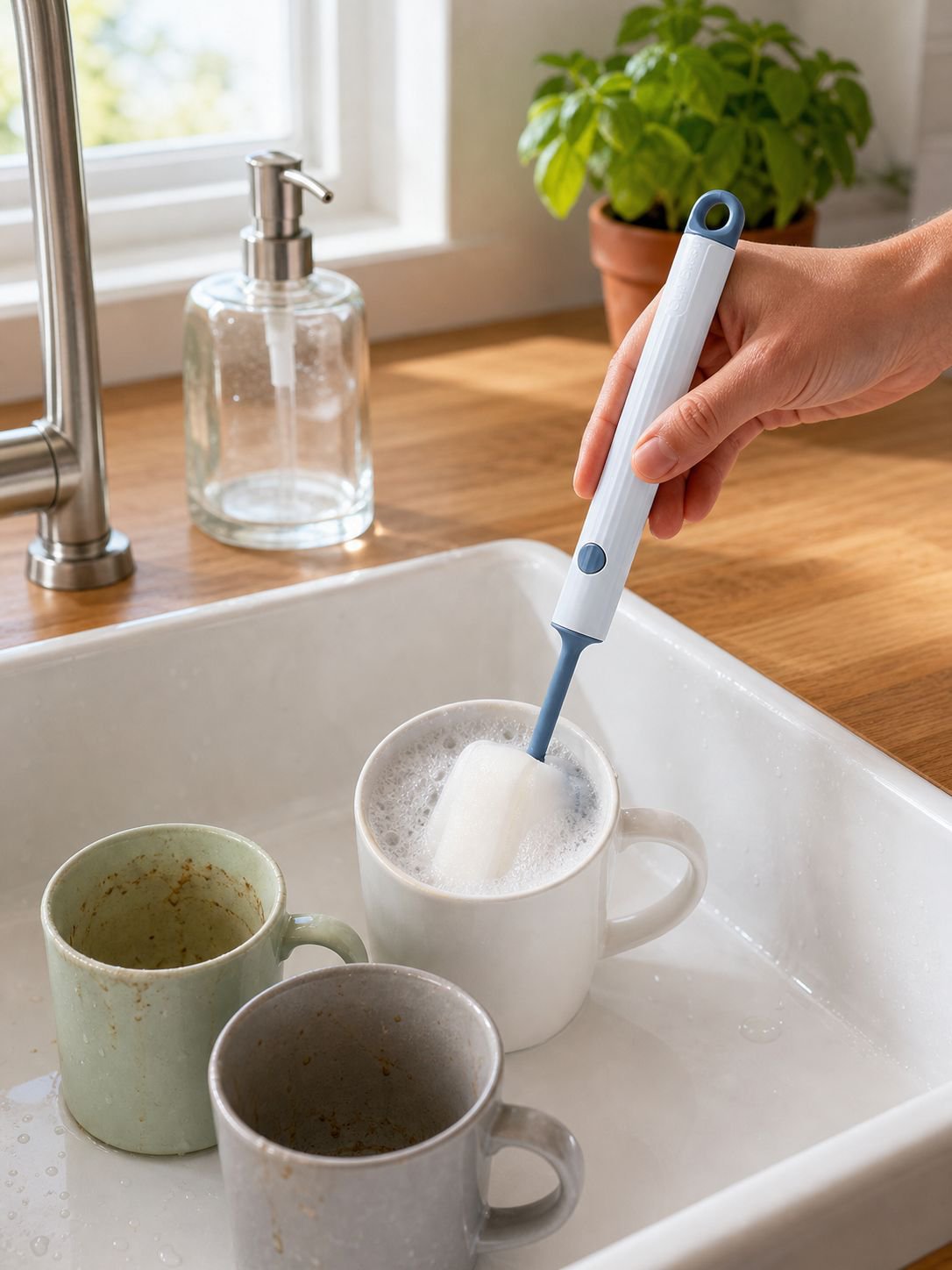 Multipurpose cup washing sponge brush cleaning a glass
