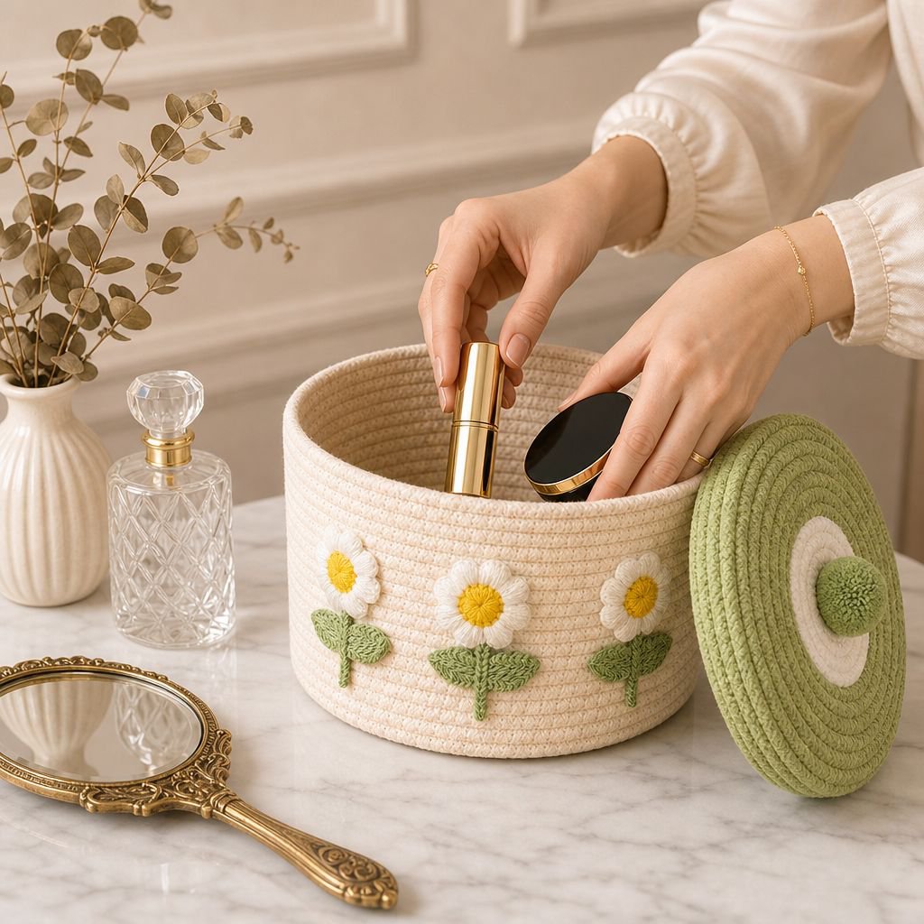 Panier de rangement tressé en coton avec couvercle