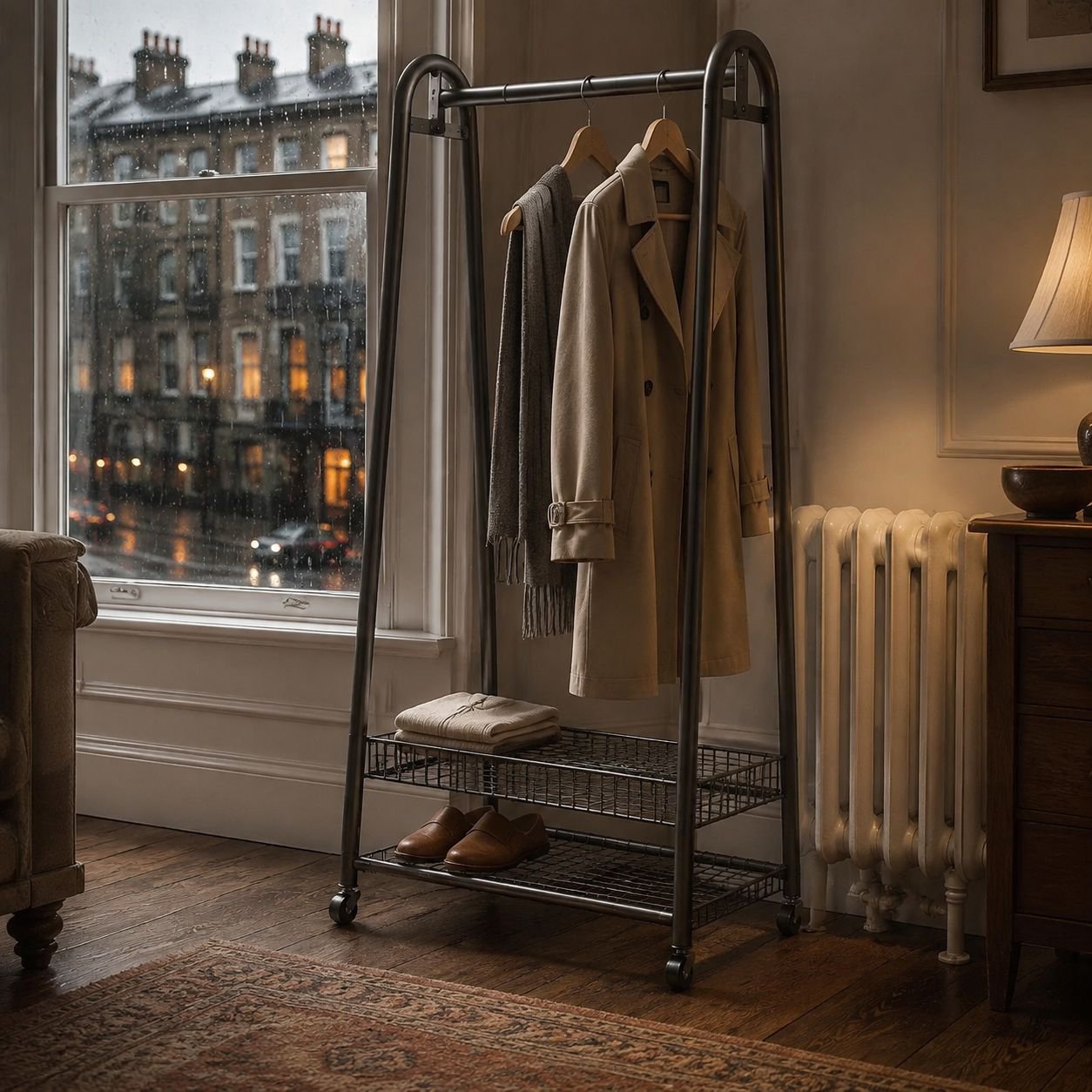 Versatile indoor clothes rack with adjustable shelves