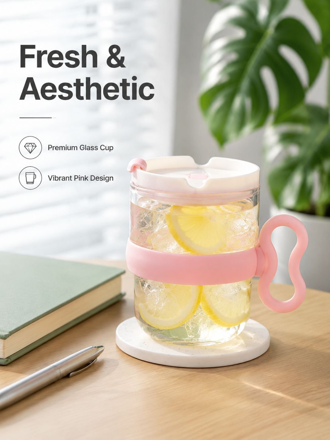 Clear glass cup with handle and lid