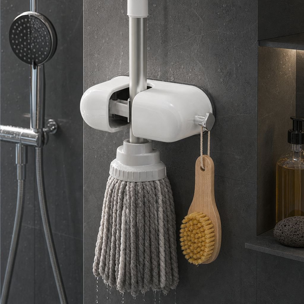 Wall-Mounted Stainless Steel Mop Clip, No-Drill Suction Cup Design for Home