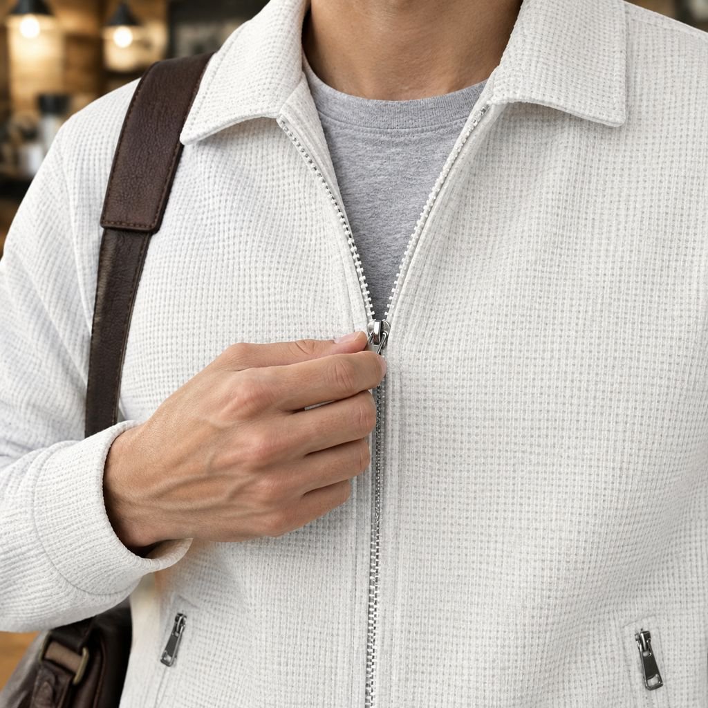Model wearing waffle knit cardigan with zipper closure