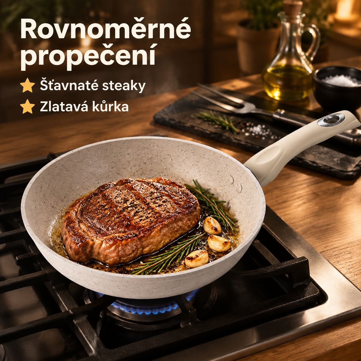 Nepřilnavá kameninová pánev na steaky a palačinky, zesílená pro indukci a plyn