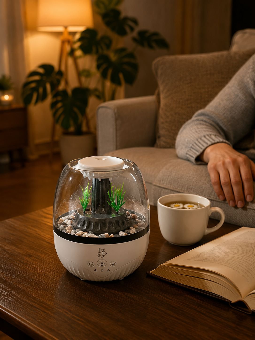 Creative fish tank aroma diffuser with colorful ambient light on table